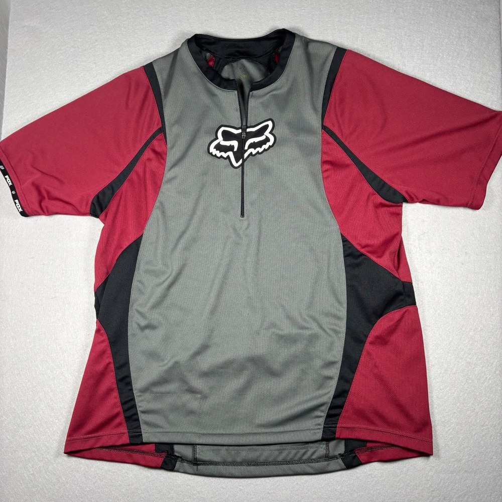 Fox Racing Cycling Jersey Men XL Short Sleeve 1/2 Zip Gray Red Mountain Bike MTB